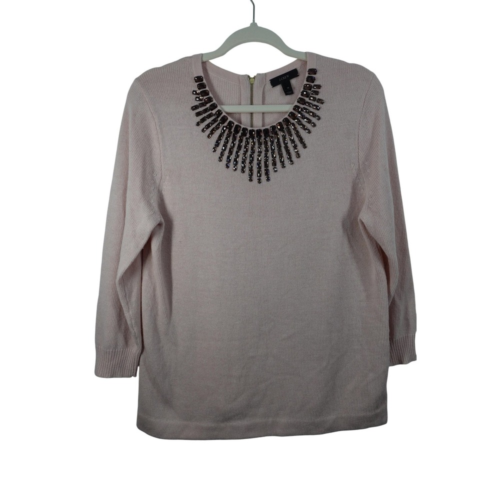 J.Crew Sweater Womens M Pink Jeweled Neck‎ Half Zip Back Pullover Knit Top